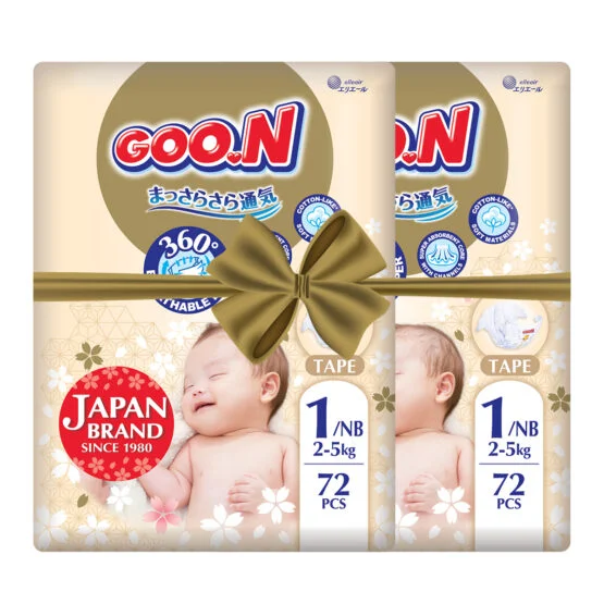 Підгузки GOO.N Premium Soft для новонароджених до 5 kg (1(NB), на липучках, унісекс, 144 шт.)