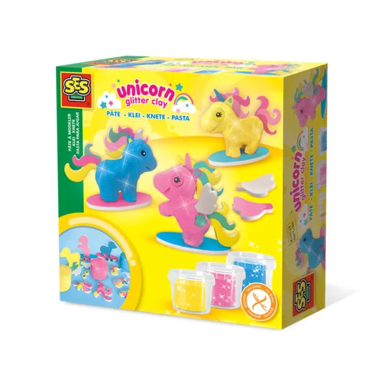 Незасихаюча маса для ліплення – ЄДИНОРOГИ (3 кольори з блискітками, в пластикових баночках, аксесуари)