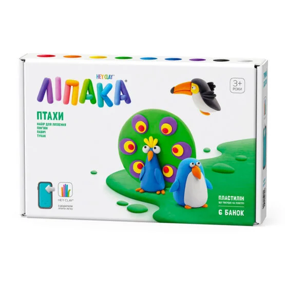 Набір пластиліну, що самостійно твердіє, ЛІПАКА – ПТАХИ: ПІНГВІН, ПАВИЧ, ТУКАН