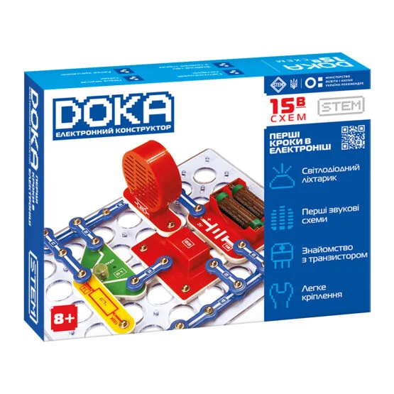 Конструктор електронний DOKA “ПЕРШІ КРОКИ В ЕЛЕКТРОНІЦІ” (Набір В, 15 схем)